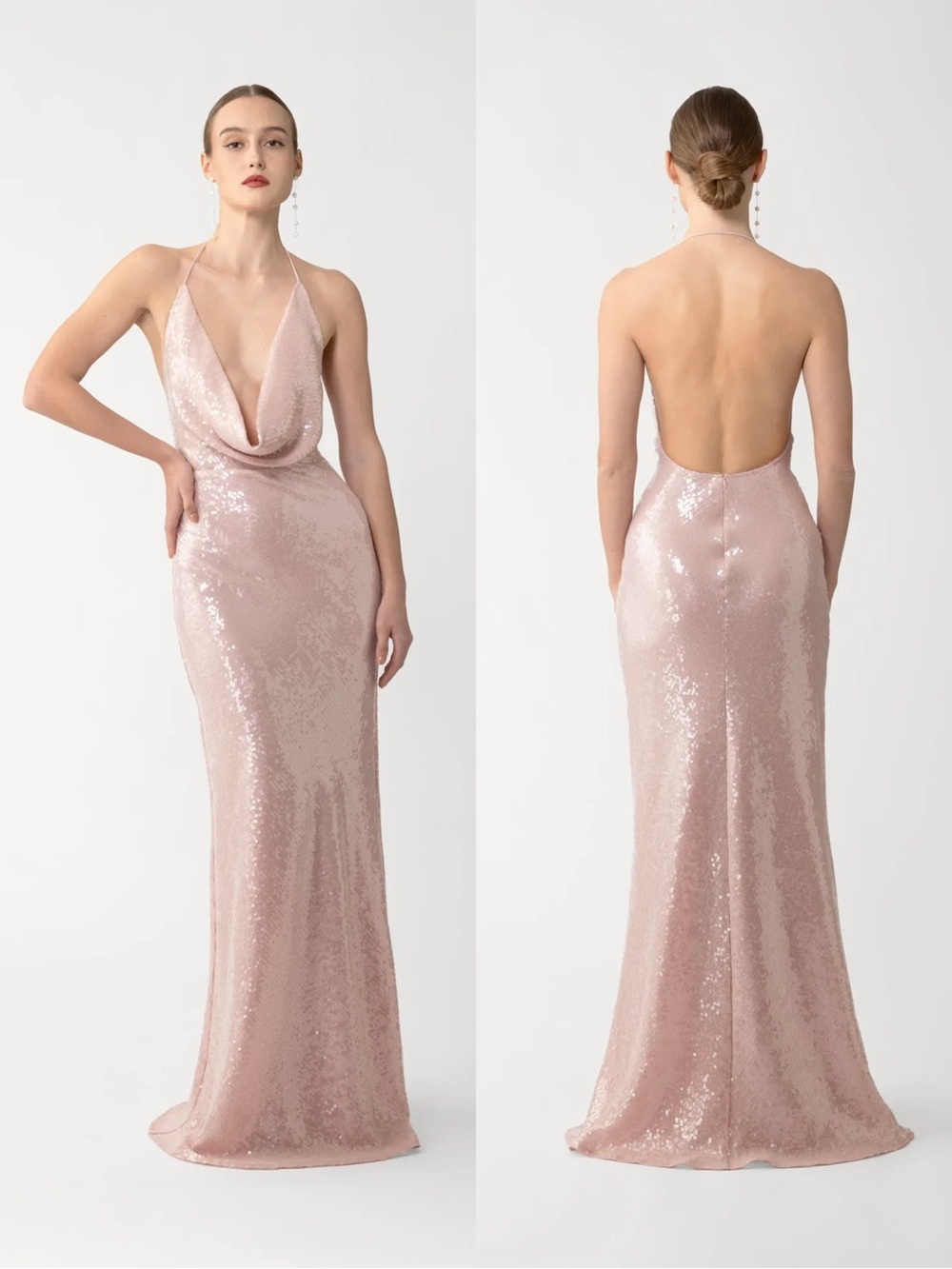 SAU LEE Sequined Claudia Gown Misty Pink Halter Backless Maxi NWT Size 6